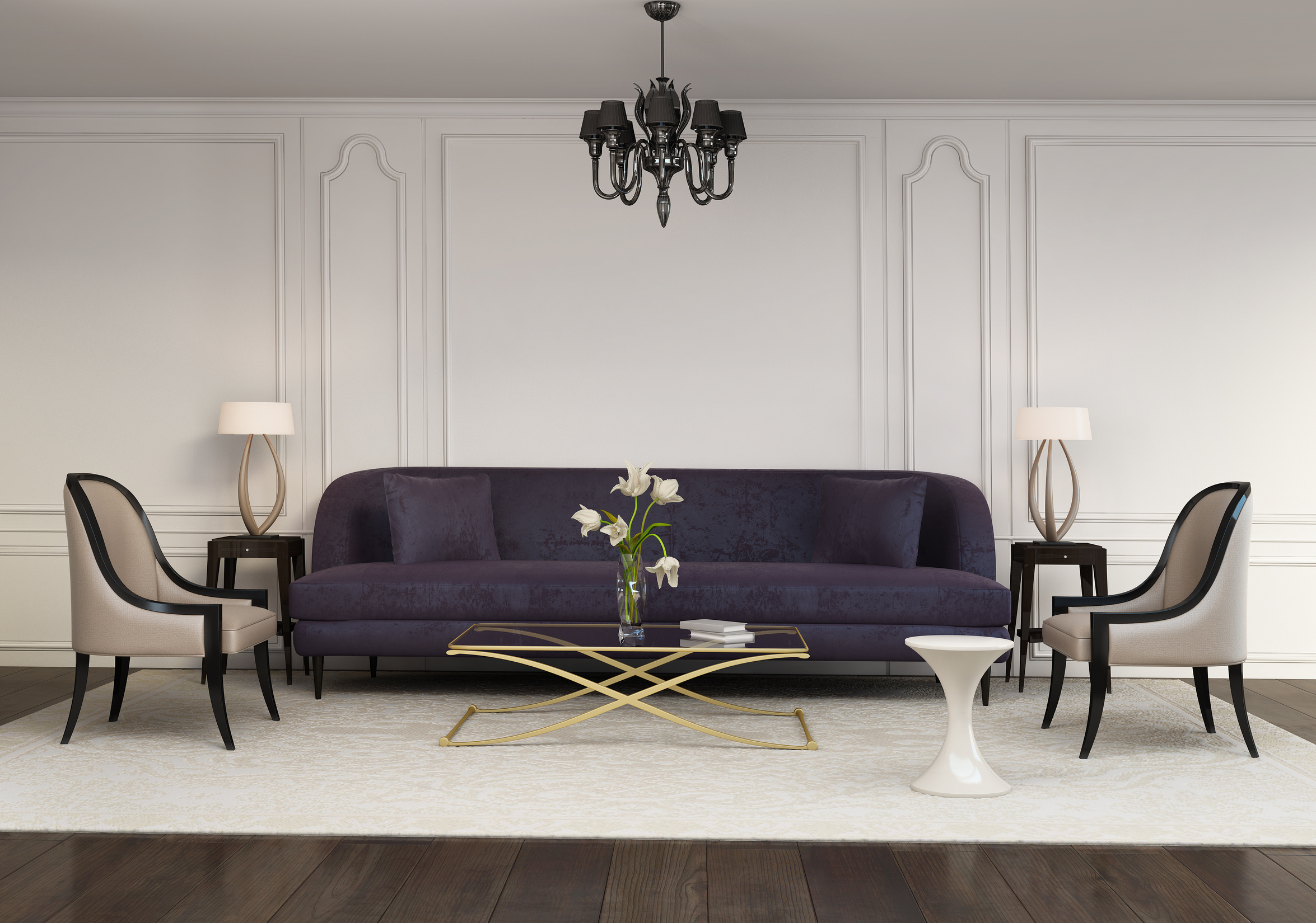 Classic Living Room with Purple Velvet Sofa and Chandelier