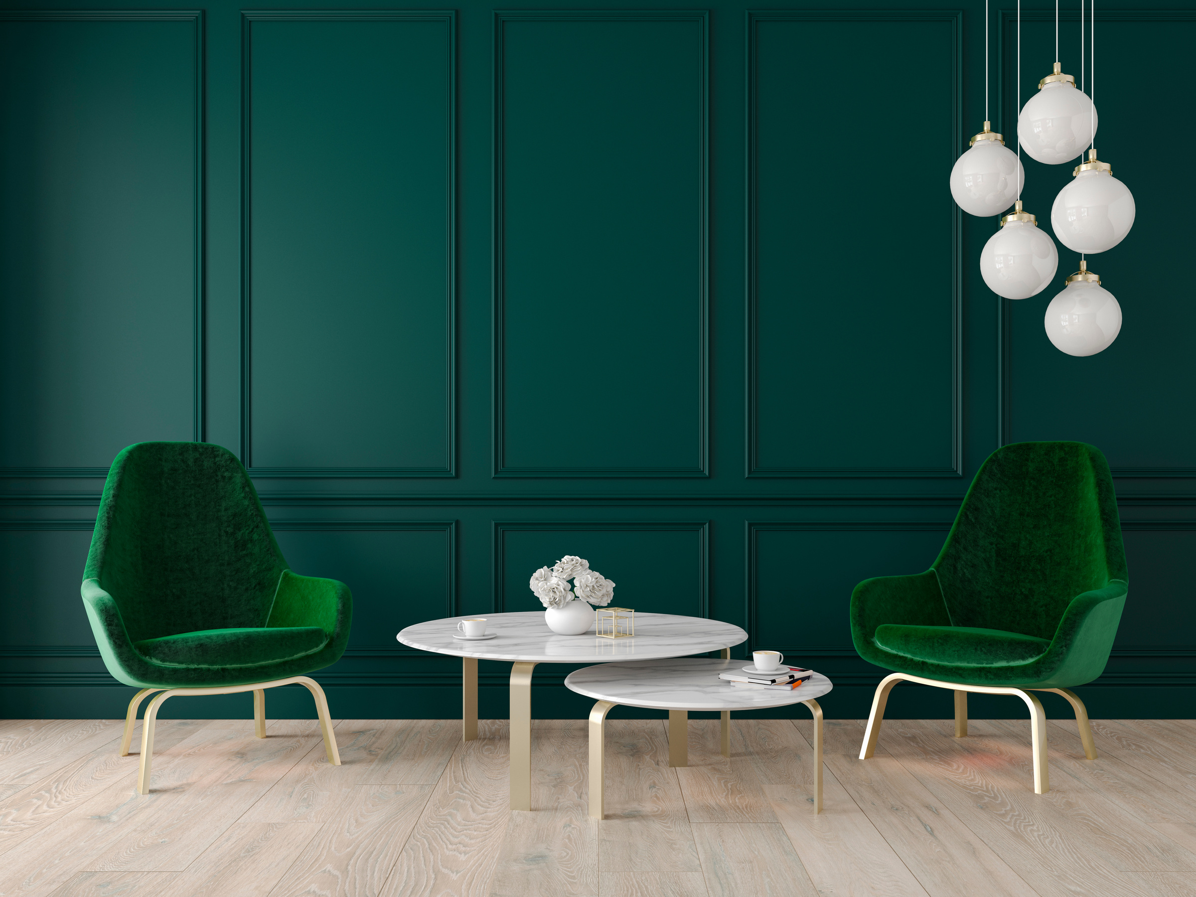 Modern Classic Interior with Green Wall and Armchairs 3D Mockup